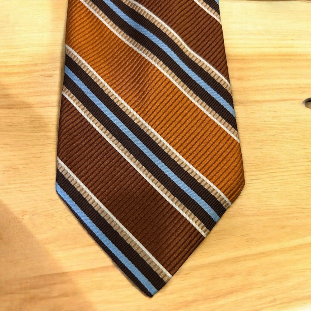 Elegant Brown, Blue and Orange Wilks Bashford Striped Silk Tie, Made in Italy